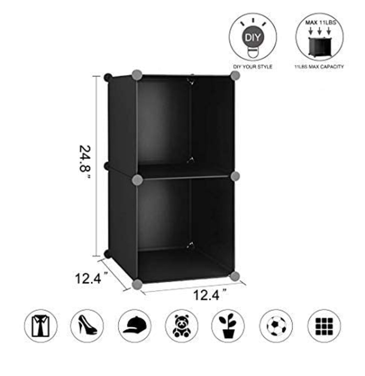 Cube Storage, 2-Cube Organizer Units, Plastic Closet Storage Shelves, DIY Book Shelf, Modular Bookcase, Cabinet Ideal for Bedroom, Living Room, Home Office, 12.4" L x 12.4" W x 24.8" H Black